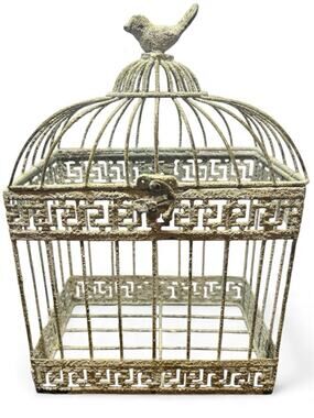 Vintage Ornate Birdcage Distressed White Metal Greek Key Décor with Bird Top